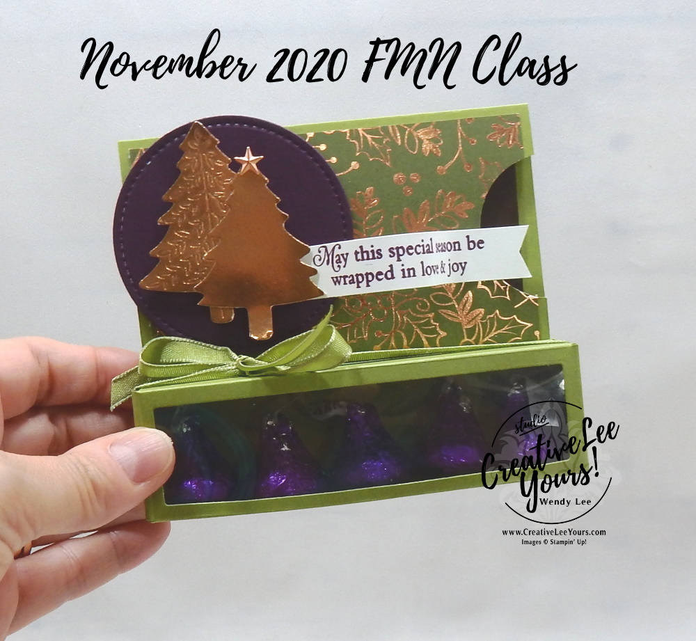 Treat Box Gift Card Holder by wendy lee, Perfectly Plaid stamp set, Brightly Gleaming, Treat holder, gift card holder, stampin up, stamping, SU, #creativeleeyours, creatively yours, creative-lee yours, #cardmaking, #handmadecard, #rubberstamps #stamping, friend, celebration, congratulations, thank you, hello, grateful, thinking of you, birthday, Christmas, pine tree, holiday, fun fold, stamping, DIY, paper crafts, #papercrafting , #papercraftingsupplies, #papercraftingisfun , FMN, forget me not, card club, class, #makeacardsendacard ,#makeacardchangealife, ,#tutorial ,#tutorials, Hershey Kiss