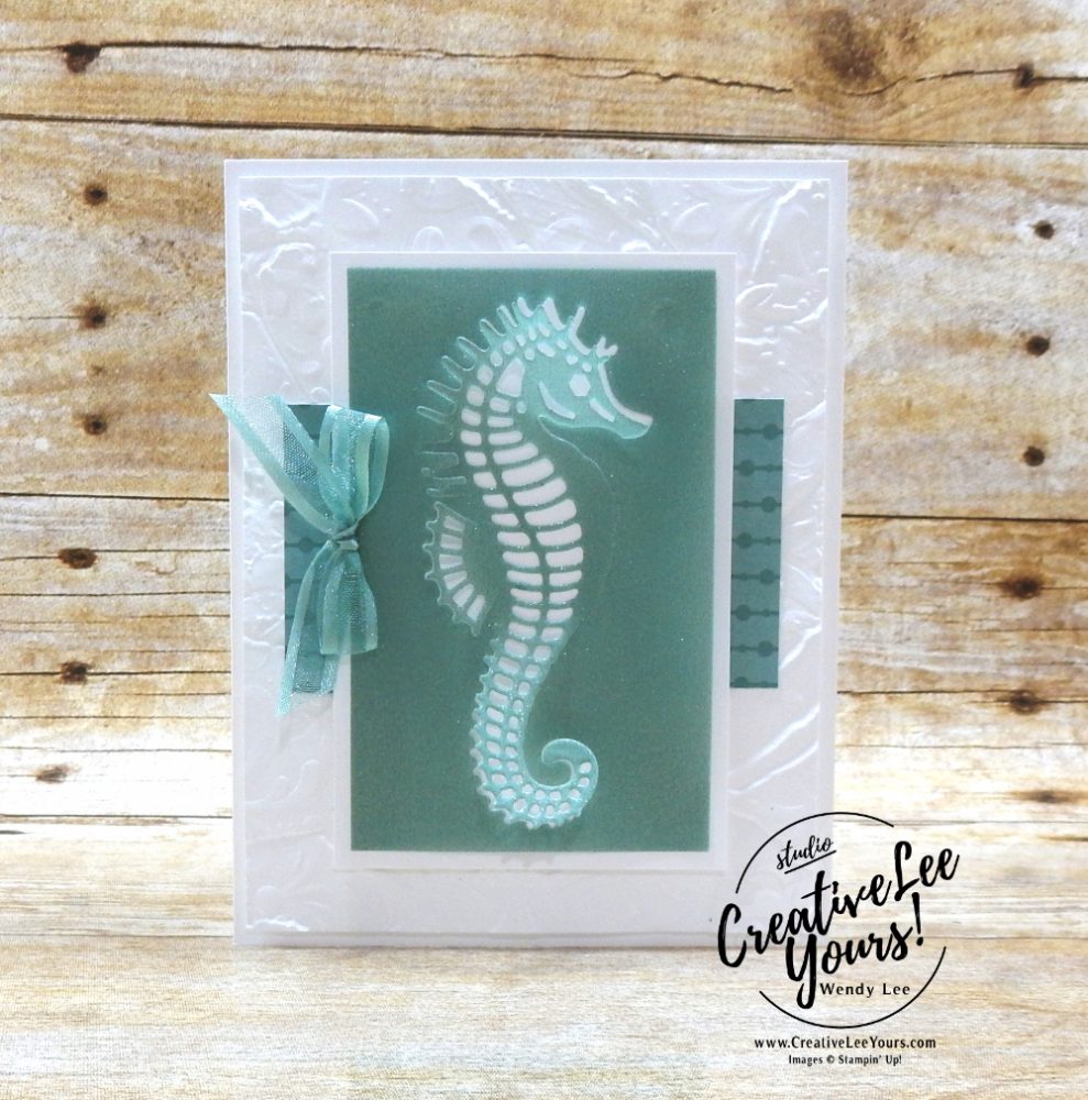 Shimmer Vellum Thank You by Wendy Lee, Seascape Stamp Set, stampin Up, SU, #creativeleeyours, handmade card, friend, celebration, thank you, stamping, creatively yours, creative-lee yours, DIY, birthday, papercrafts, #makeacardsendacard ,#makeacardchangealife , rubberstamps, #stampinupdemonstrator , #cardmaking, #papercrafts , #papercraft , #papercrafting , #papercraftingsupplies, #papercraftingisfun, shimmer Vellum, kylie bertucci, international highlights, blog hop, partial diecut, seahorse, fish