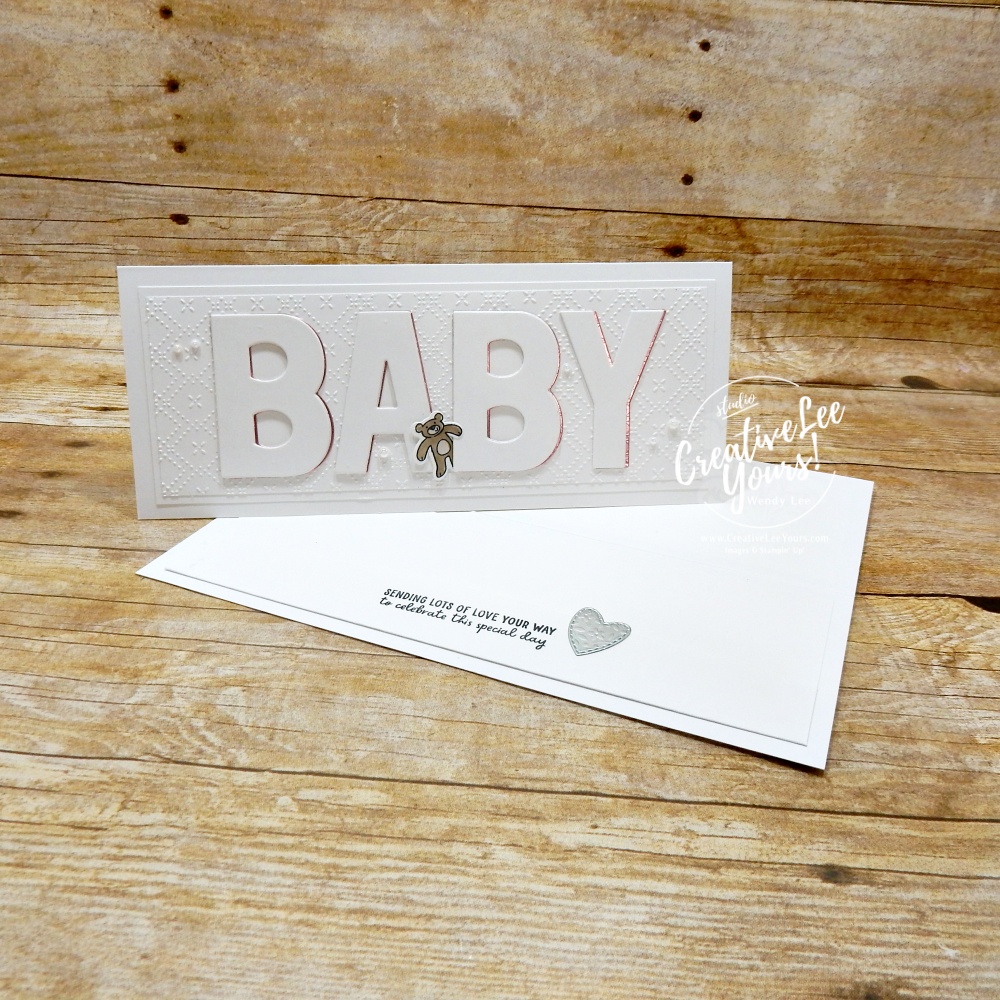 Elegant slimline eclipse baby card with white-on-white layers, textured embossing, and foil accents
