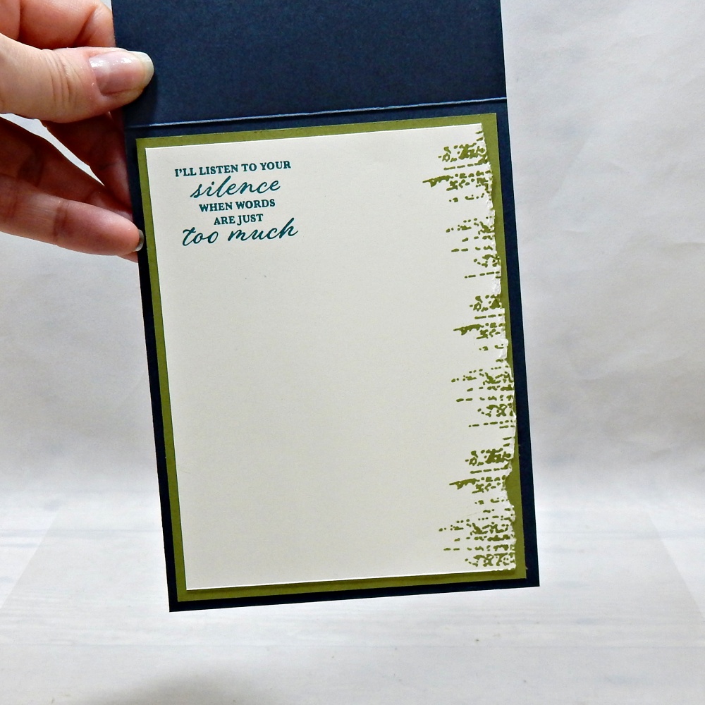 Handmade textured card with layered cardstock, designer paper, die-cut leaves, and a thinking of you sentiment