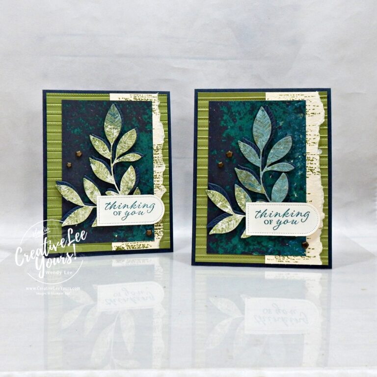 Handmade textured card with layered cardstock, designer paper, die-cut leaves, and a thinking of you sentiment