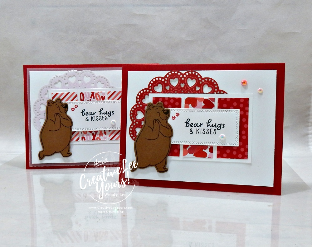 Handmade Valentine bear card with layered red panels and peek-a-boo bear focal image