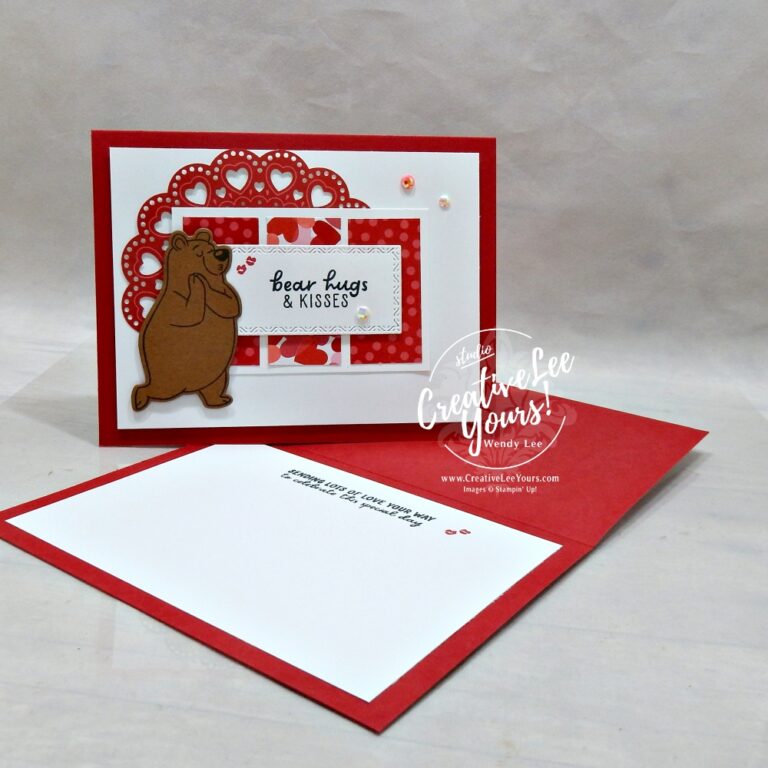 Handmade Valentine bear card with layered red panels and peek-a-boo bear focal image