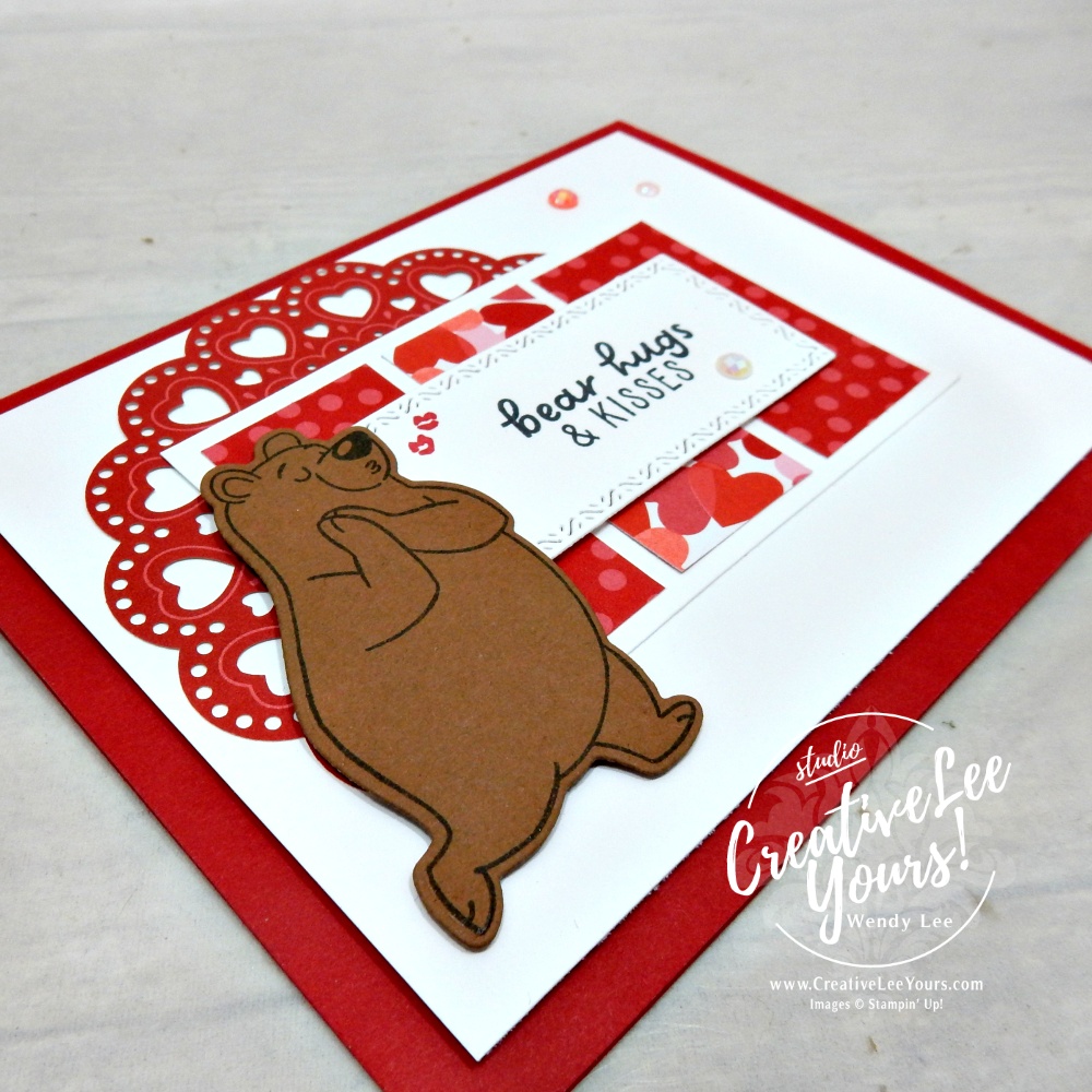 Handmade Valentine bear card with layered red panels and peek-a-boo bear focal image