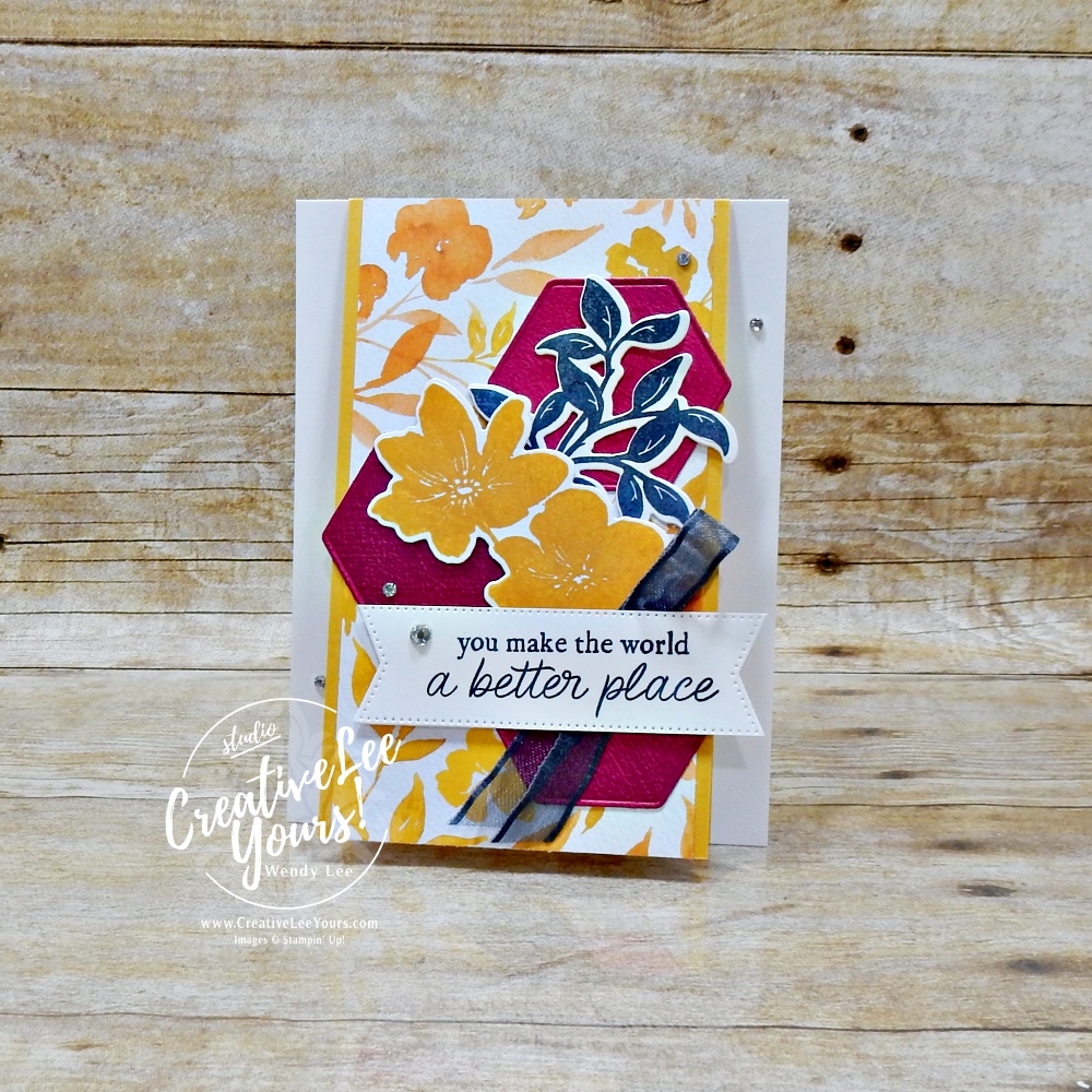 Garden Poetry fun fold card featuring Paradise Garden bundle, textured specialty paper, geometric die cuts, and layered floral stamping.