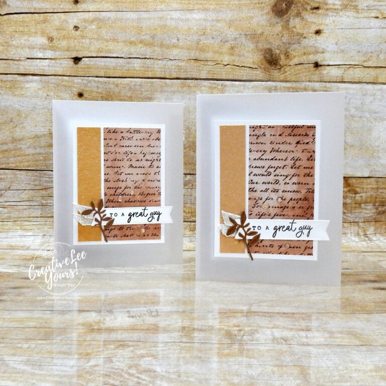 Elegant vellum card base with Nature Walk designer paper layers, Early Espresso sentiment banner, and Pecan Pie die-cut sprig.