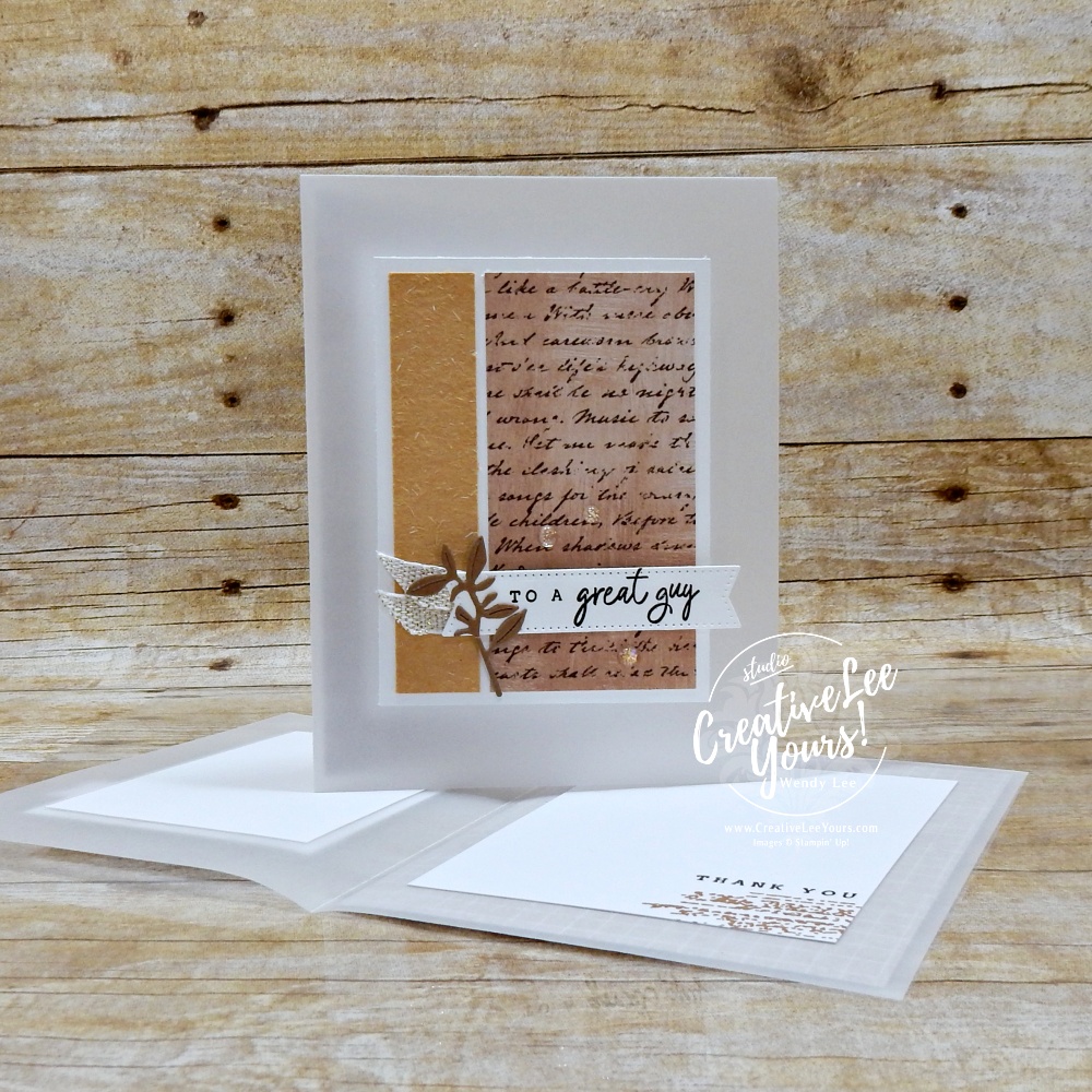 Elegant vellum card base with Nature Walk designer paper layers, Early Espresso sentiment banner, and Pecan Pie die-cut sprig.