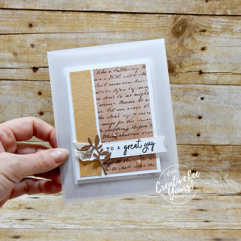 Elegant vellum card base with Nature Walk designer paper layers, Early Espresso sentiment banner, and Pecan Pie die-cut sprig.