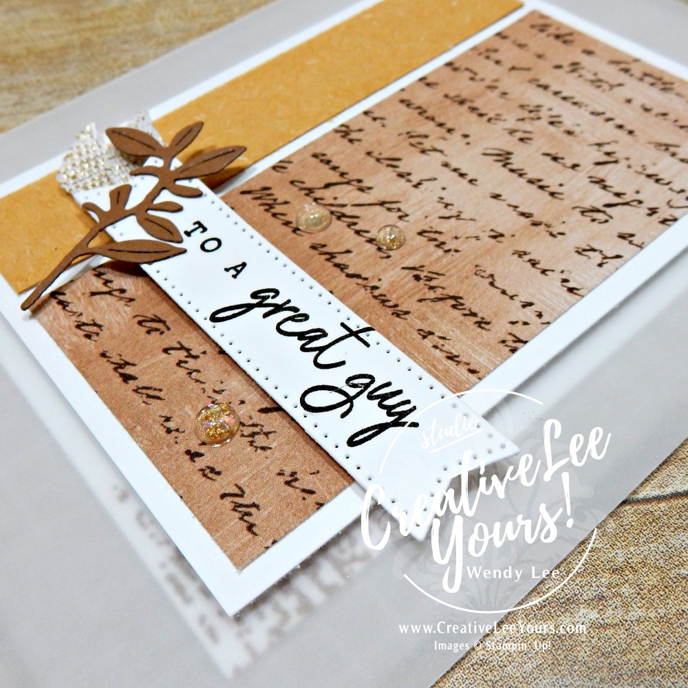 Elegant vellum card base with Nature Walk designer paper layers, Early Espresso sentiment banner, and Pecan Pie die-cut sprig.