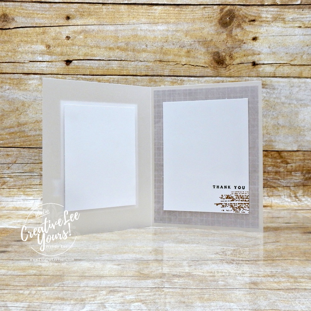 Elegant vellum card base with Nature Walk designer paper layers, Early Espresso sentiment banner, and Pecan Pie die-cut sprig.