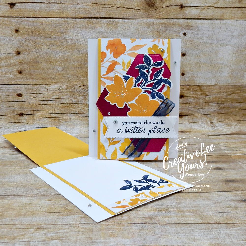 Garden Poetry fun fold card featuring Paradise Garden bundle, textured specialty paper, geometric die cuts, and layered floral stamping.