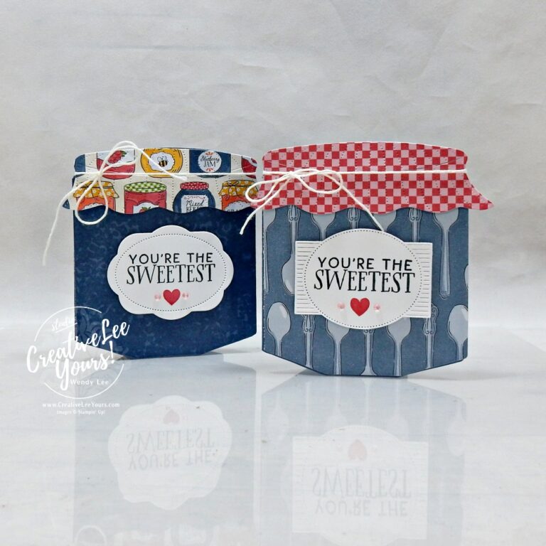 Jar shaped card tutorial featuring Designer Series Paper layered on a die-cut jar card base from the Filled with Sweetness bundle.