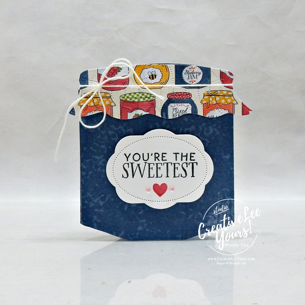 Jar shaped card tutorial featuring Designer Series Paper layered on a die-cut jar card base from the Filled with Sweetness bundle.