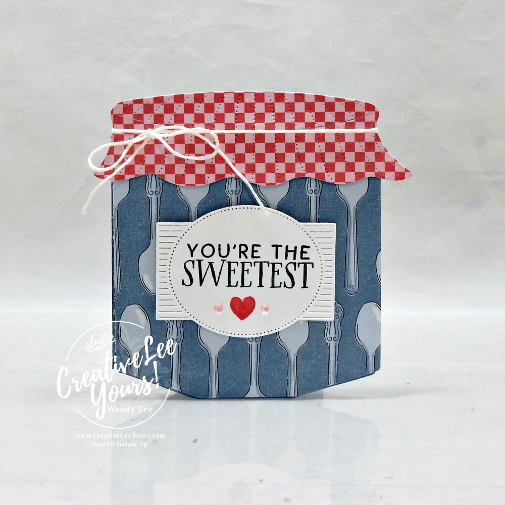 Jar shaped card tutorial featuring Designer Series Paper layered on a die-cut jar card base from the Filled with Sweetness bundle.