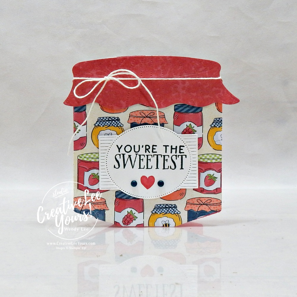 Jar shaped card tutorial featuring Designer Series Paper layered on a die-cut jar card base from the Filled with Sweetness bundle.