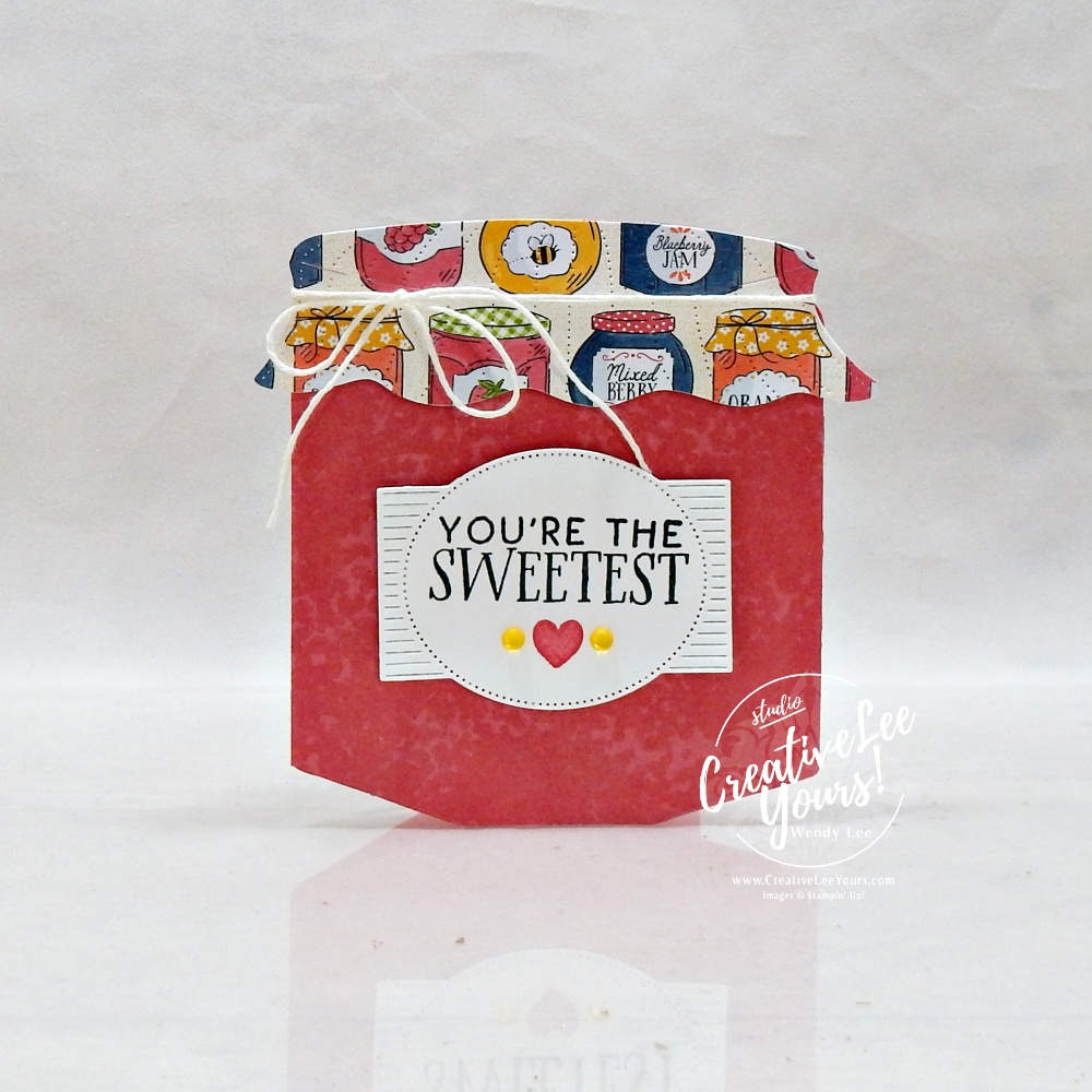 Jar shaped card tutorial featuring Designer Series Paper layered on a die-cut jar card base from the Filled with Sweetness bundle.