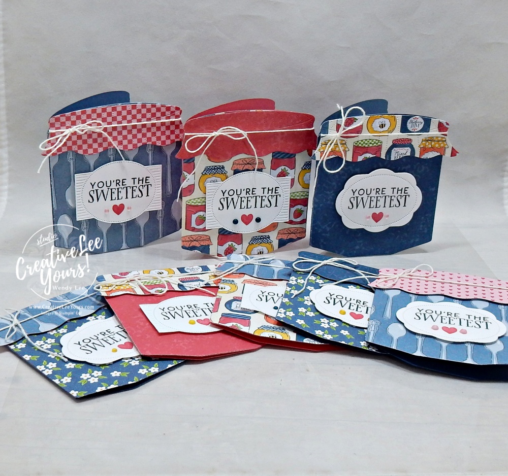 Jar shaped card tutorial featuring Designer Series Paper layered on a die-cut jar card base from the Filled with Sweetness bundle.