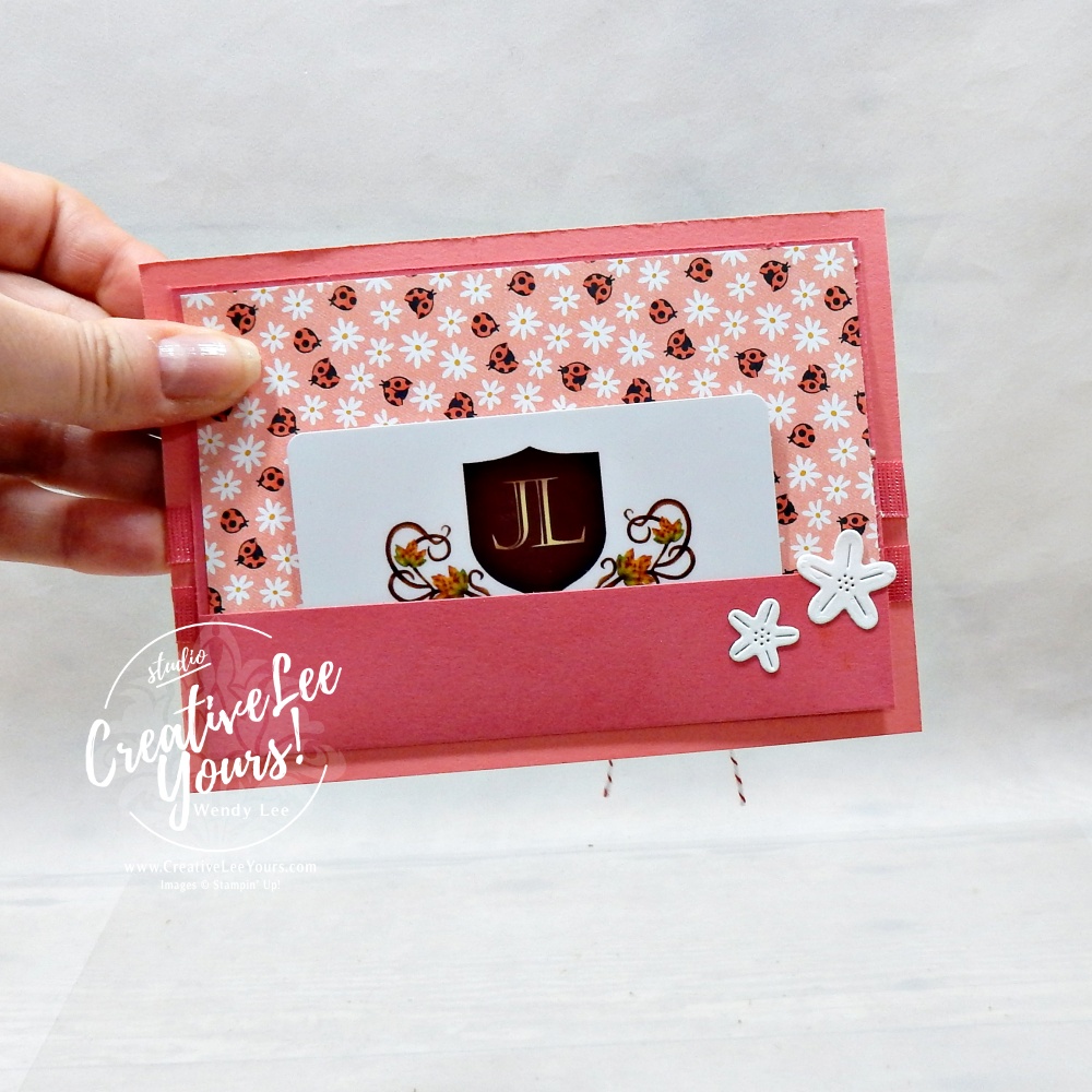 DIY treat and gift card holder made with ladybug patterned paper and strawberry slush cardstock
