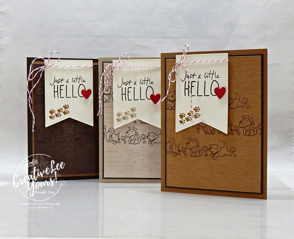 simple layered handmade card with woodgrain paper and stamped dog images