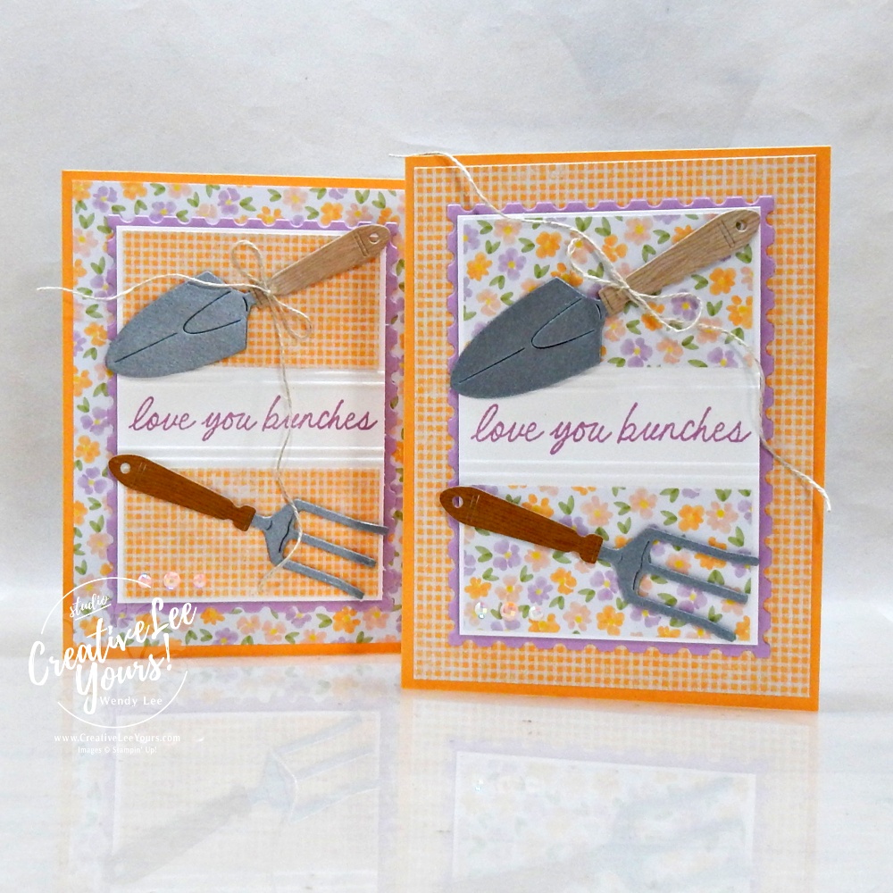 handmade card using scrap paper strips with floral pattern and garden tools embellishments