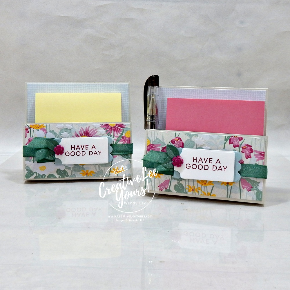 handmade DIY post it note and pen holder using patterned paper and embellishments