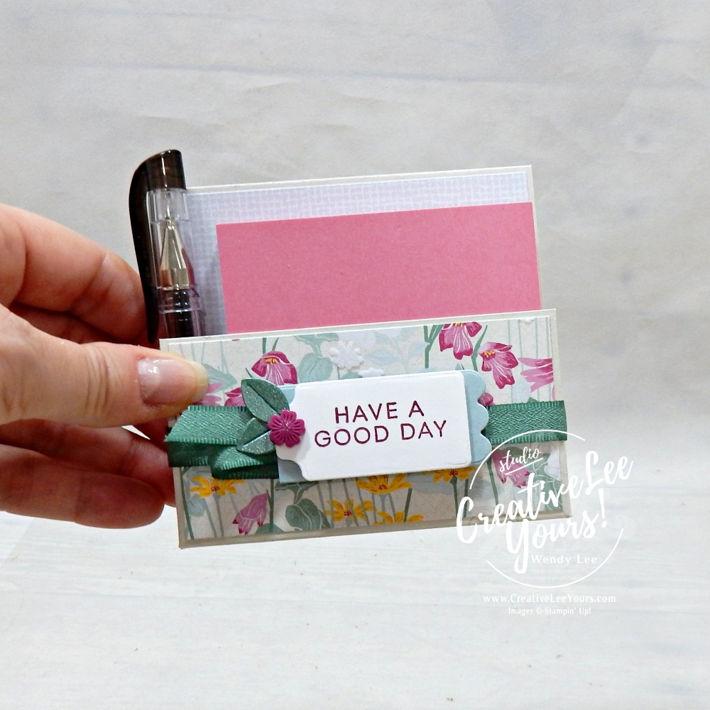 handmade DIY post it note and pen holder using patterned paper and embellishments