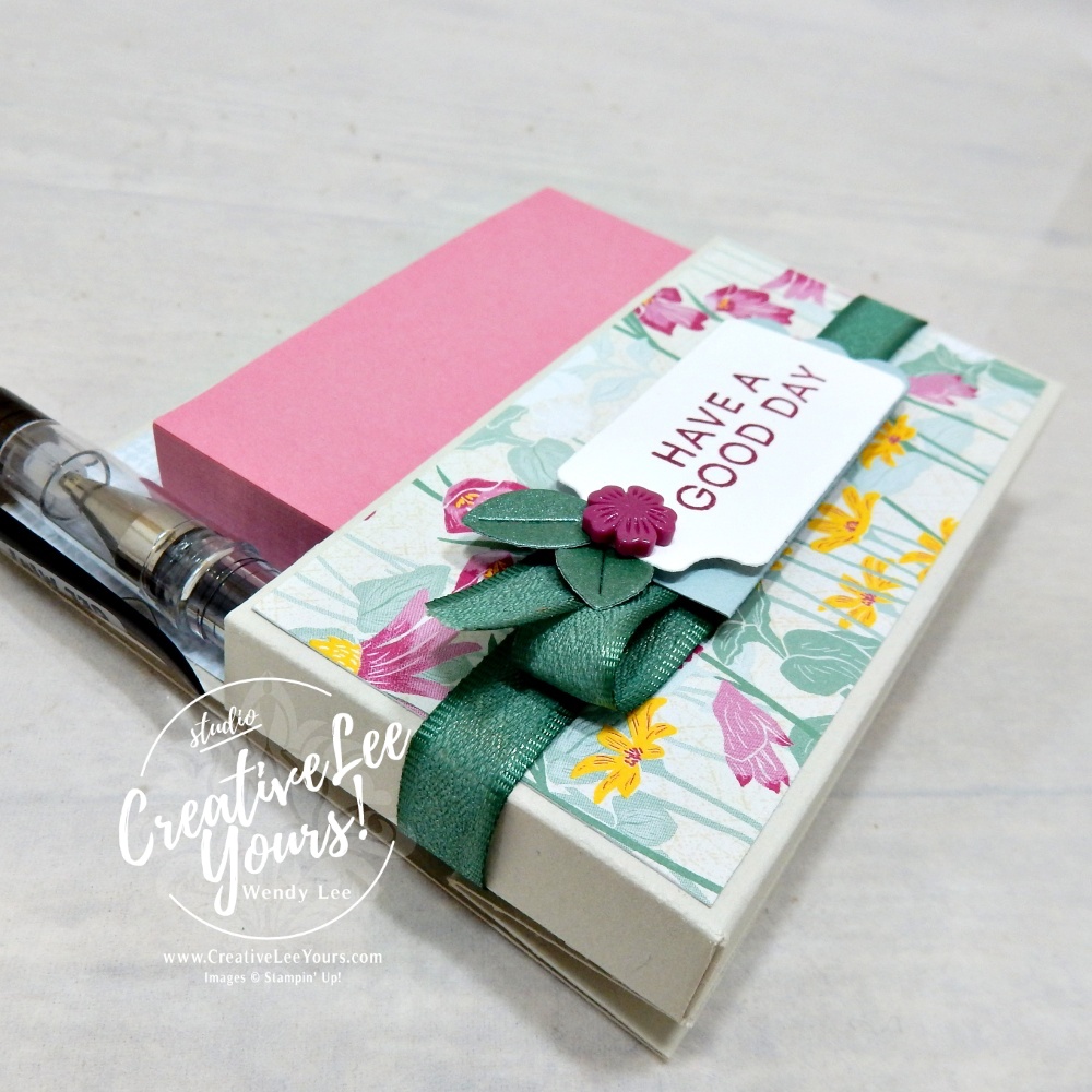handmade DIY post it note and pen holder using patterned paper and embellishments