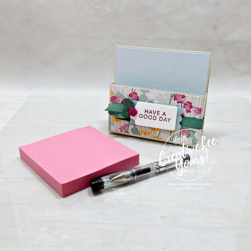 handmade DIY post it note and pen holder using patterned paper and embellishments