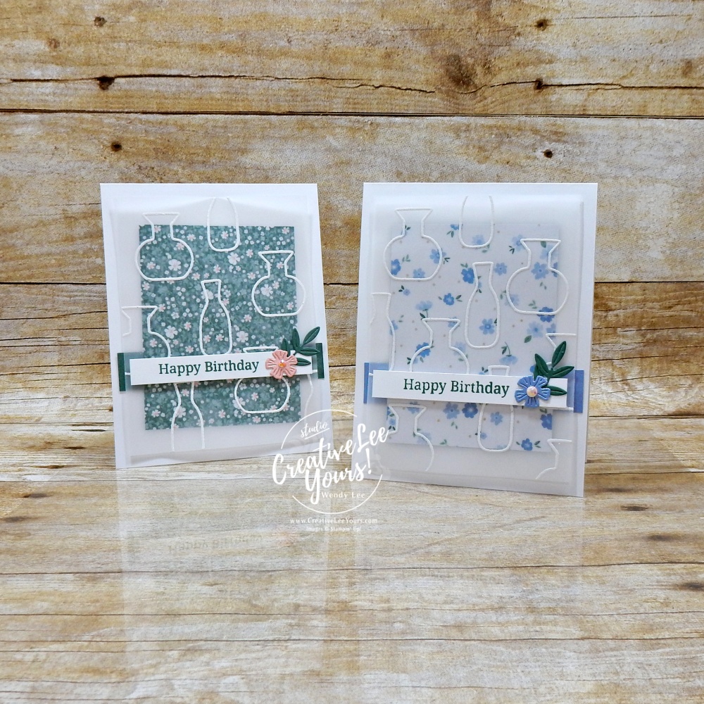 Elegant handmade card with embossed vellum overlay, floral DSP background, and layered sentiment strip on white card base