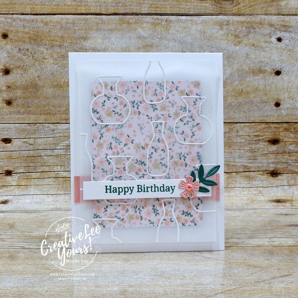 Elegant handmade card with embossed vellum overlay, floral DSP background, and layered sentiment strip on white card base