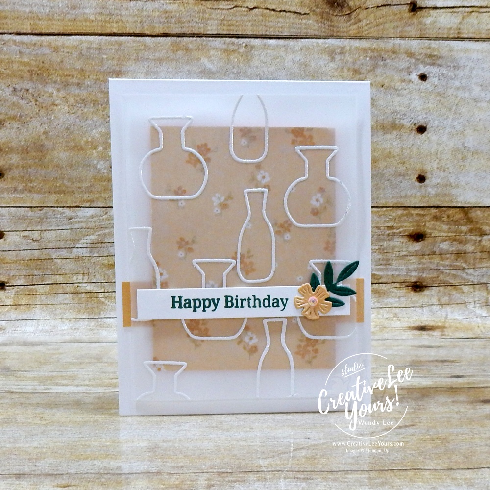 Elegant handmade card with embossed vellum overlay, floral DSP background, and layered sentiment strip on white card base
