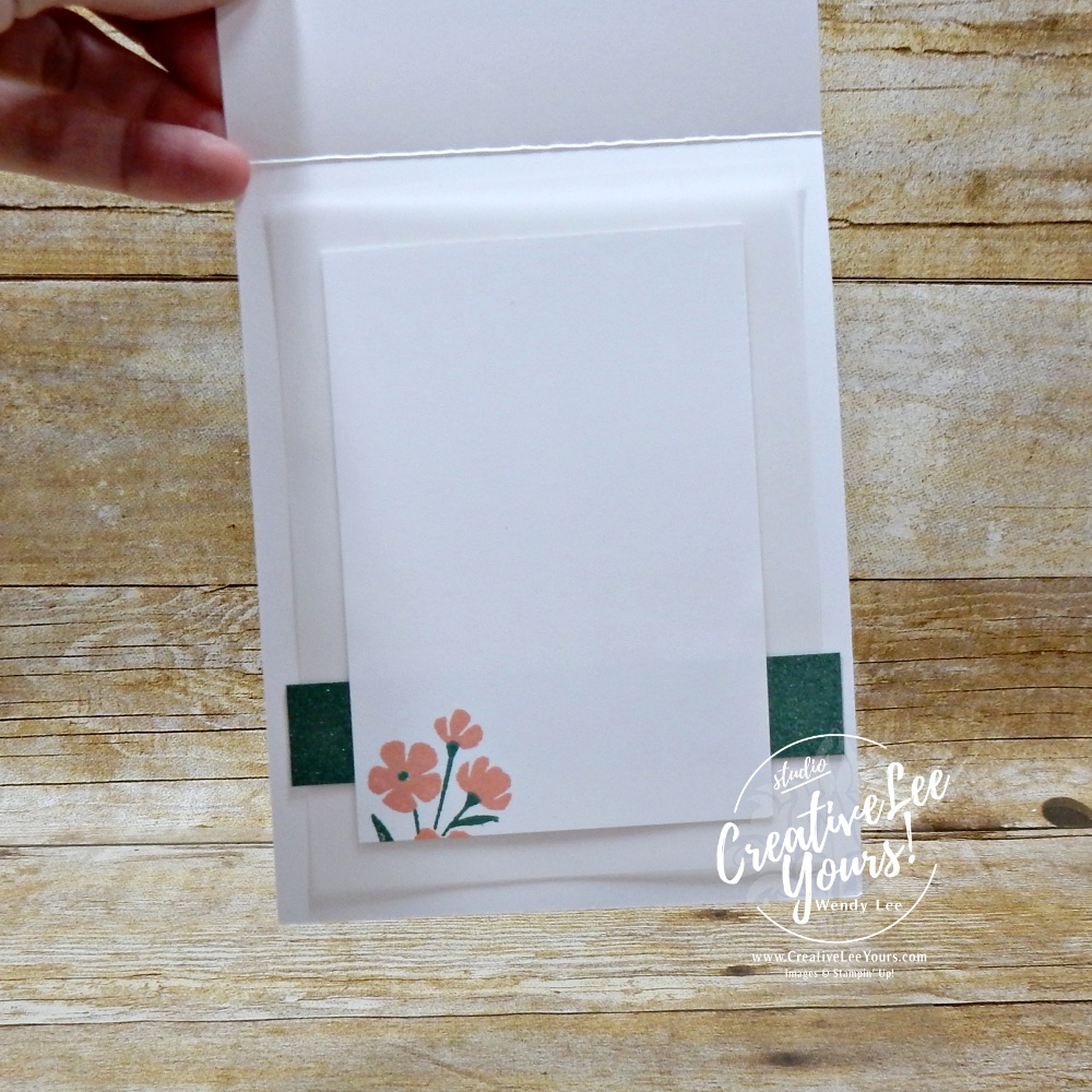 Elegant handmade card with embossed vellum overlay, floral DSP background, and layered sentiment strip on white card base