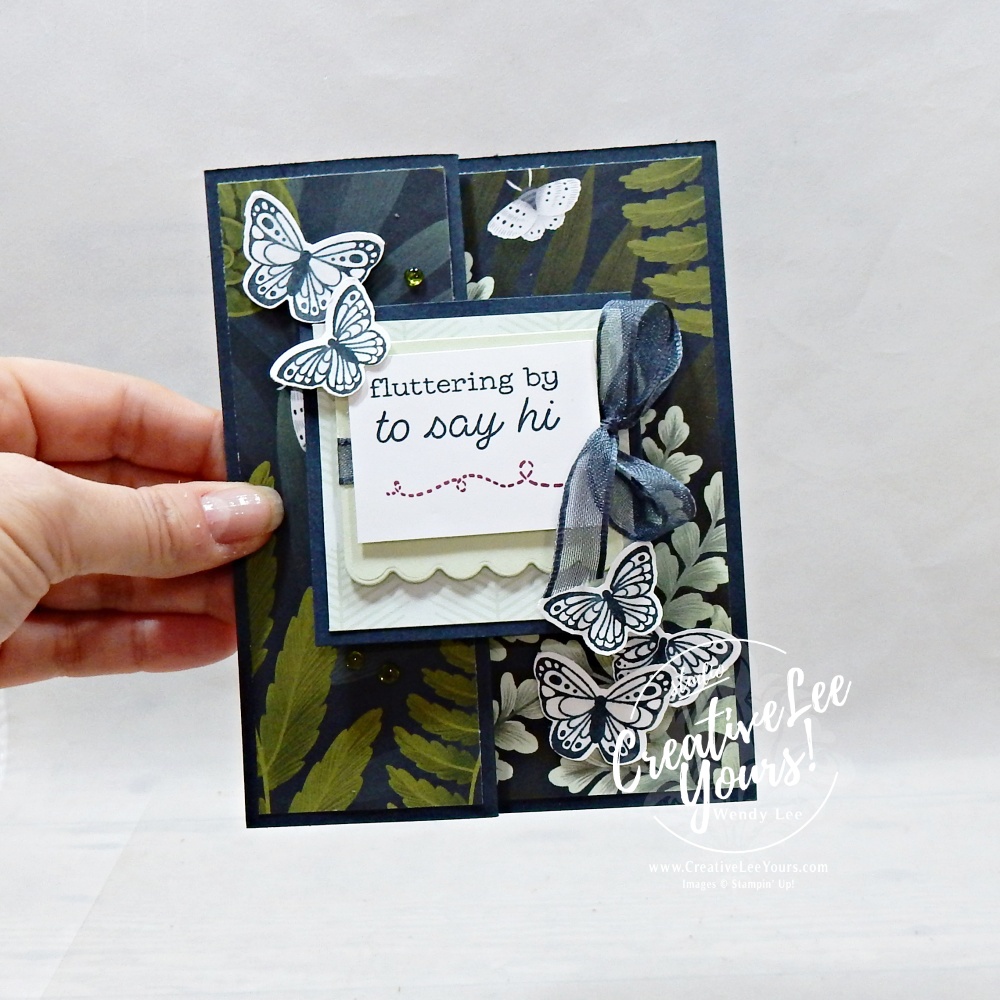 Elegant butterfly fun fold card using Moonlit Flora Designer Series Paper and layered butterflies with Wink of Stella details