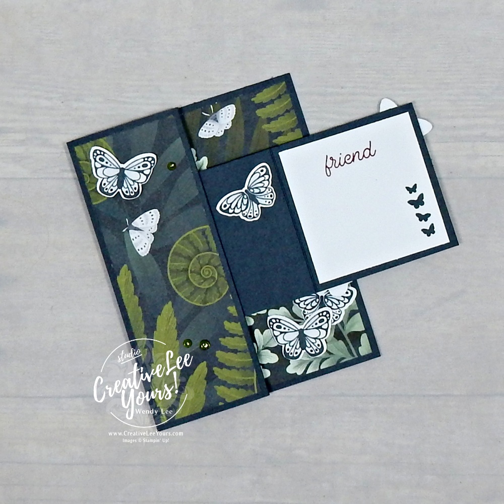 Elegant butterfly fun fold card using Moonlit Flora Designer Series Paper and layered butterflies with Wink of Stella details