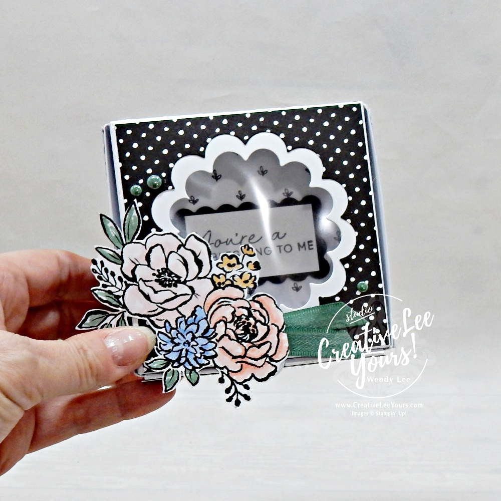Elegant scalloped window gift box featuring floral accents, shimmer details, and Artisan Sketch designer paper