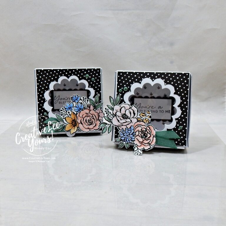 Elegant scalloped window gift box featuring floral accents, shimmer details, and Artisan Sketch designer paper