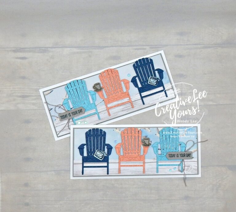 Slimline masculine handmade card featuring Adirondack chairs and coastal colors using the Waterside Retreat Suite from Stampin’ Up!