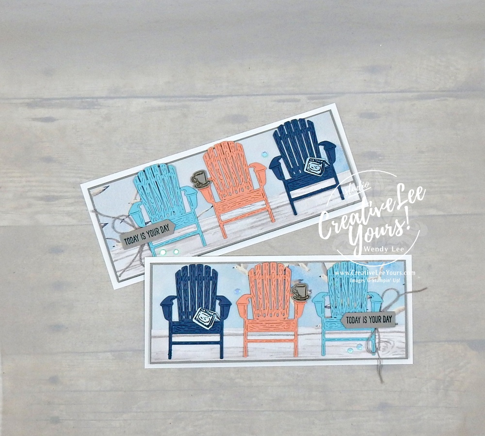 Slimline masculine handmade card featuring Adirondack chairs and coastal colors using the Waterside Retreat Suite from Stampin’ Up!
