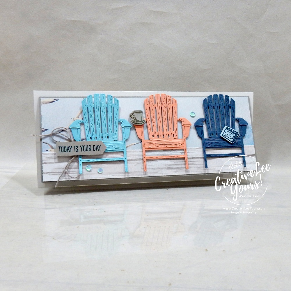 Slimline masculine handmade card featuring Adirondack chairs and coastal colors using the Waterside Retreat Suite from Stampin’ Up!