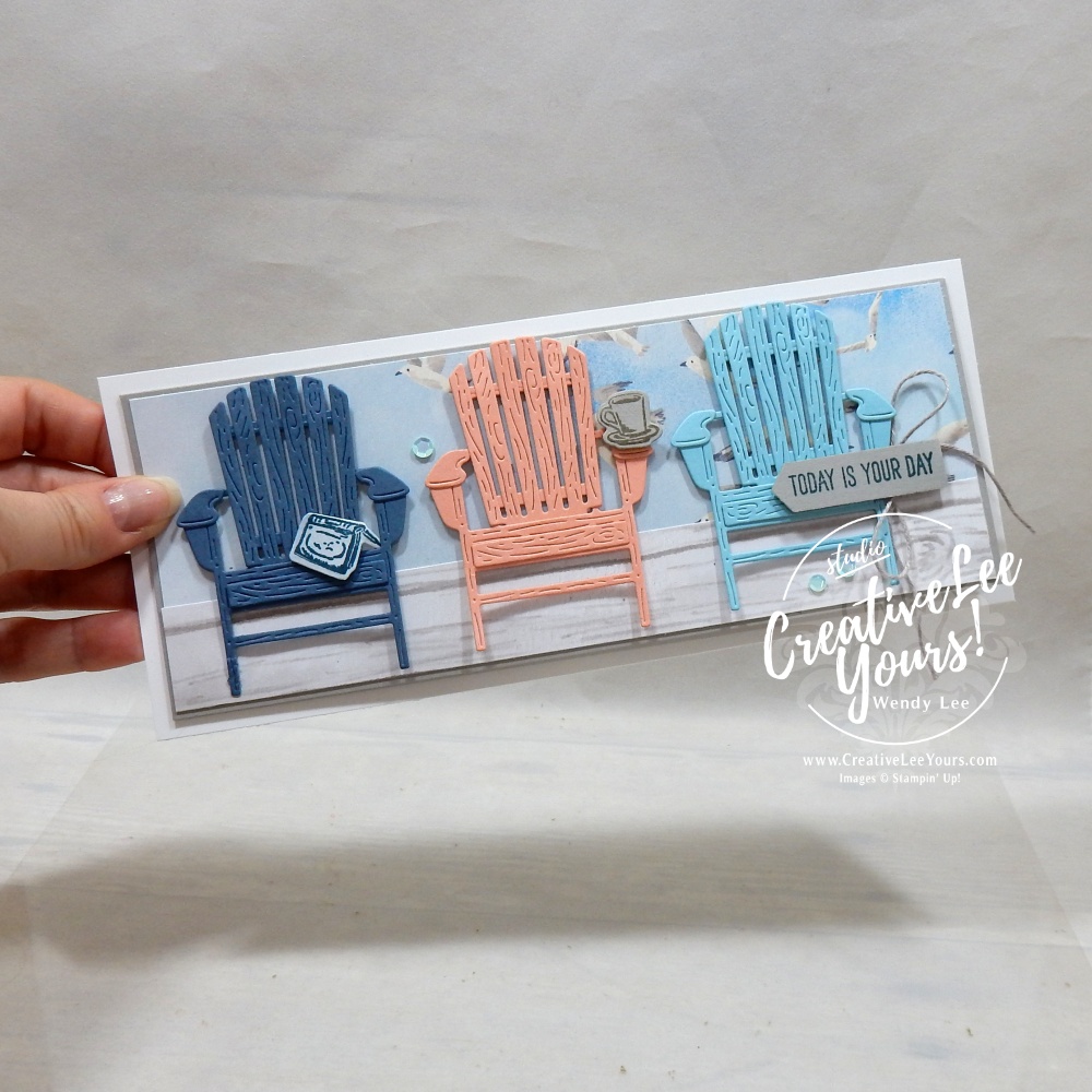 Slimline masculine handmade card featuring Adirondack chairs and coastal colors using the Waterside Retreat Suite from Stampin’ Up!