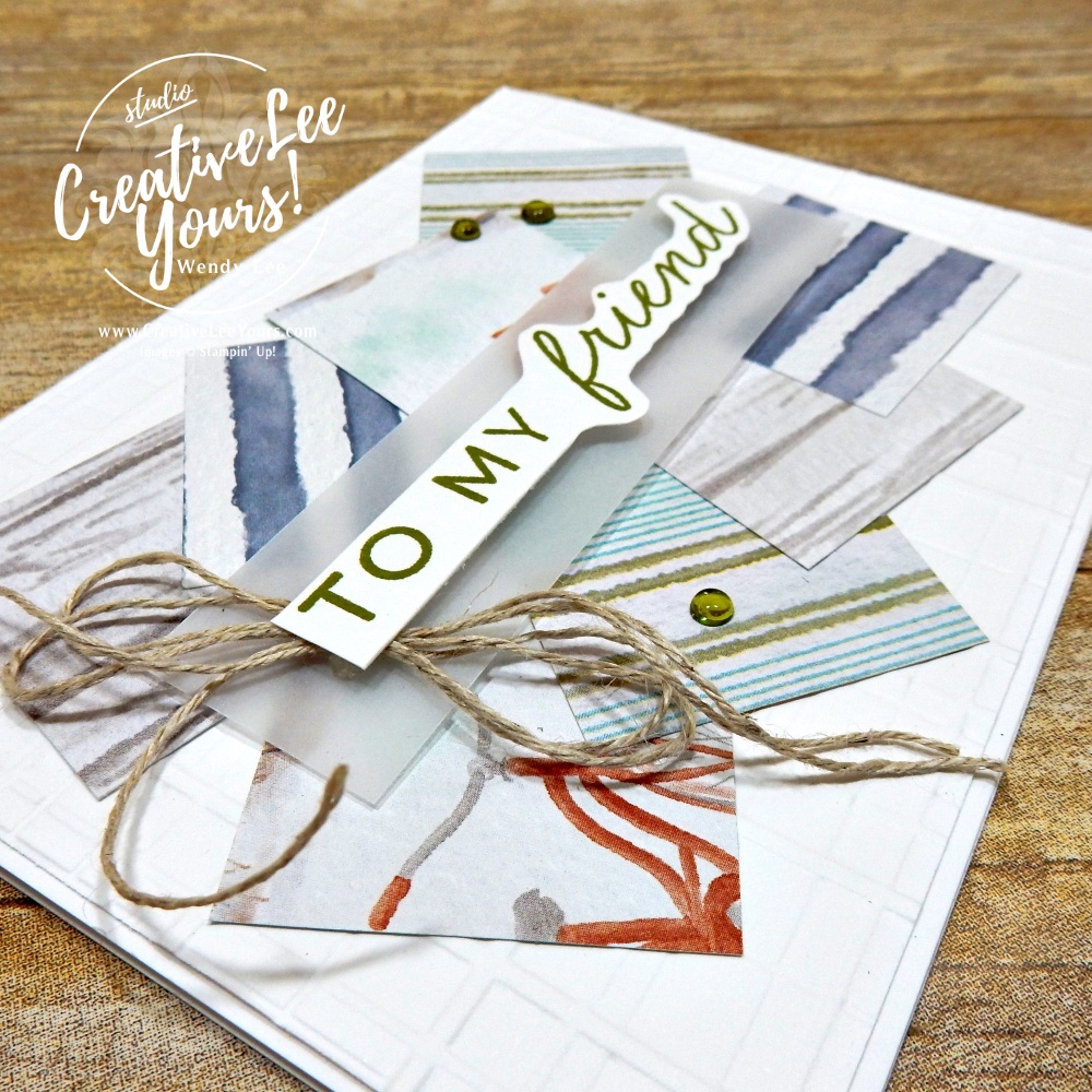 Coastal-inspired handmade birthday card using Designer Series Paper scraps, texture, layering, and coordinating colors.