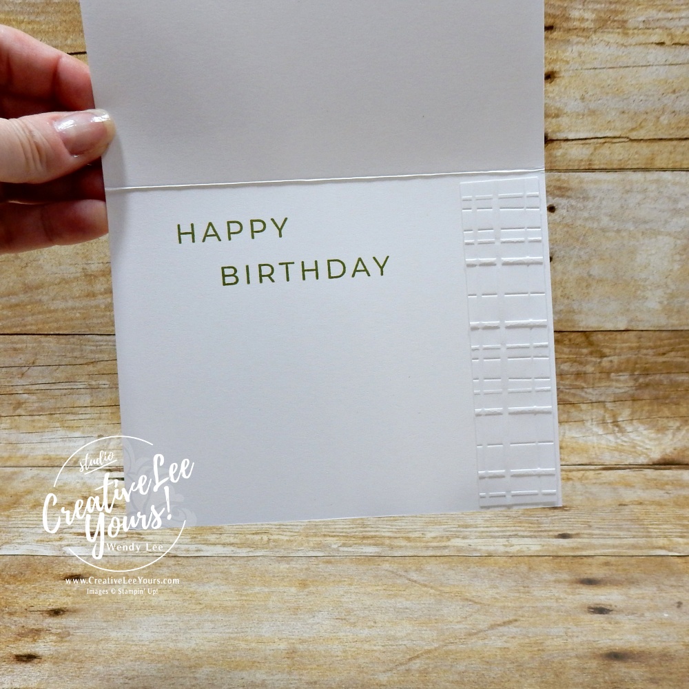 Handmade birthday card featuring embossed plaid texture carried from the front design into the inside of the card.