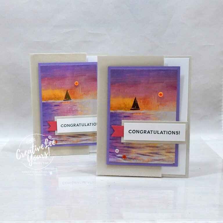 Easy cut away front card with magnetic closure featuring Scenic Coast Designer Series Paper and sunset sailboat scene