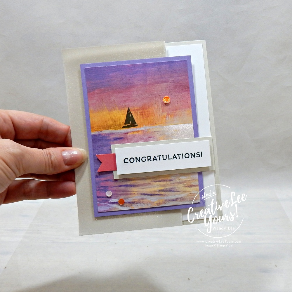 Easy cut away front card with magnetic closure featuring Scenic Coast Designer Series Paper and sunset sailboat scene