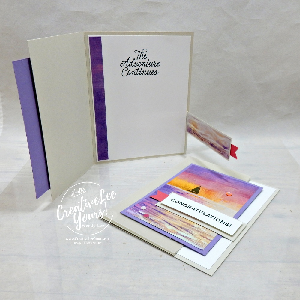 Interactive cut away front card opened to reveal hidden magnetic closure and scenic coastal sunset design