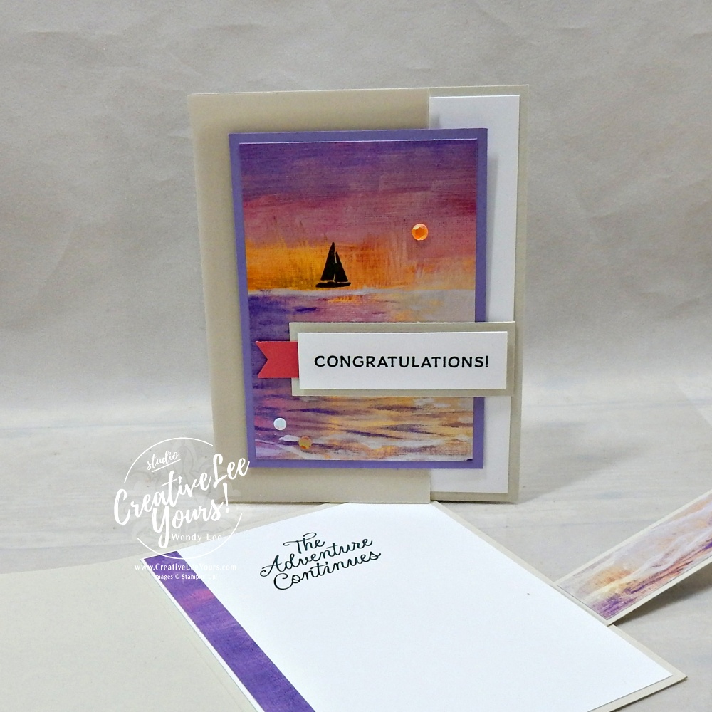 Easy cut away front card with magnetic closure featuring Scenic Coast Designer Series Paper and sunset sailboat scene
