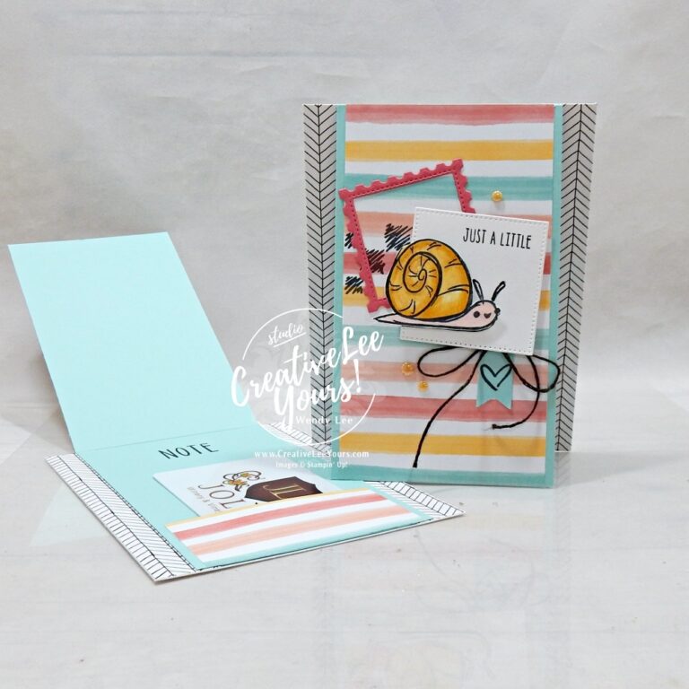 Handmade gift card holder card featuring a colored snail image, layered die-cuts, designer paper, and shimmer accents.