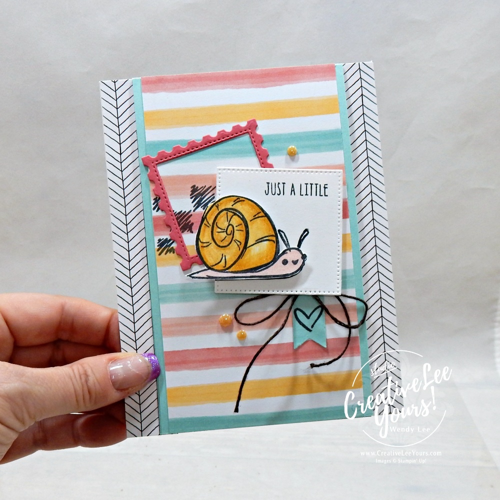 Handmade gift card holder card featuring a colored snail image, layered die-cuts, designer paper, and shimmer accents.