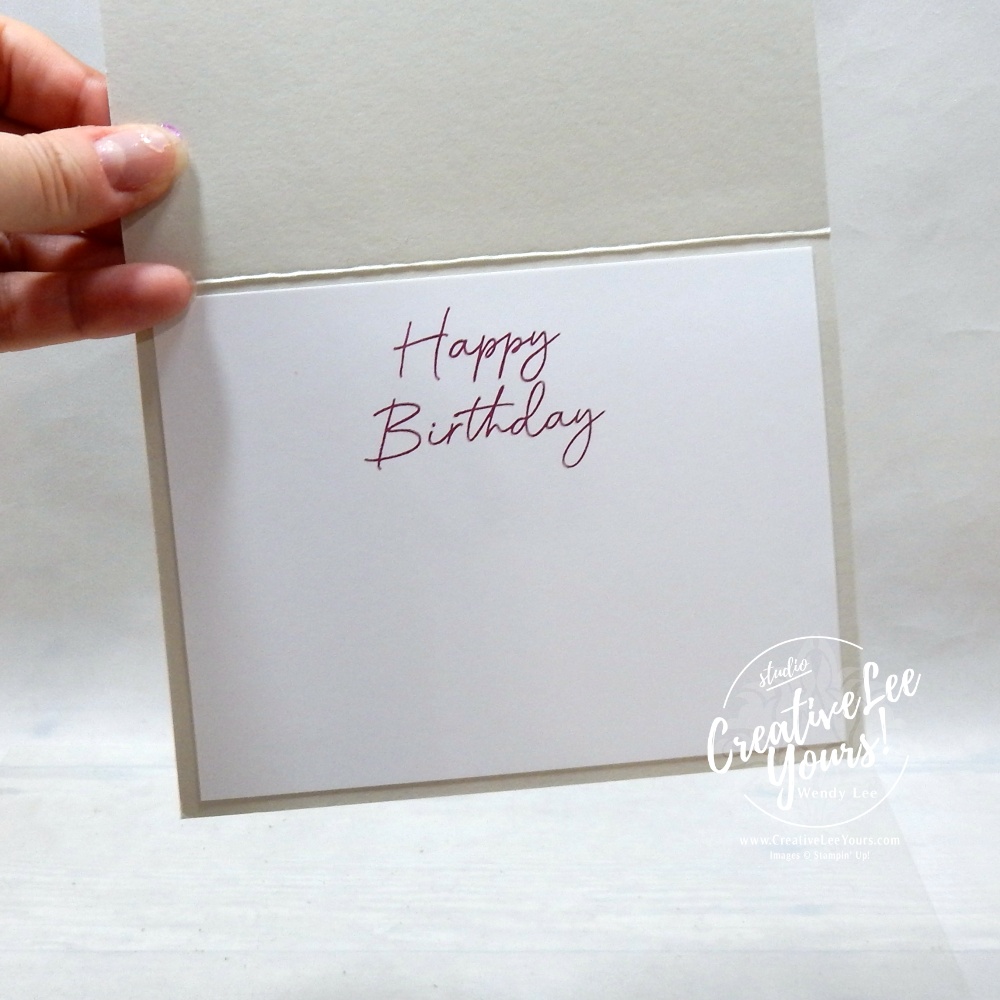 Inside of handmade greeting card featuring coordinating designer paper strip and stamped sentiment on white cardstock.