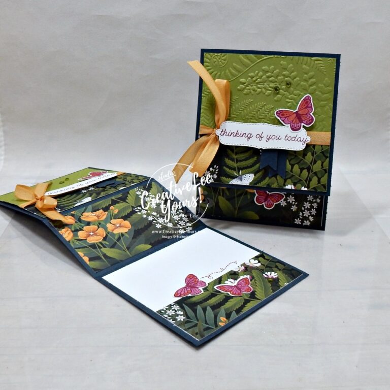 Vertical Z Fold handmade butterfly card featuring the All Aflutter Bundle and Moonlit Flora Designer Series Paper with embossed background and layered butterflies.